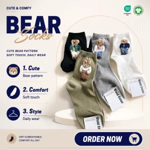 Mid Calf Women’s Cotton Crew Socks With British Style Bear Vivid Color Anti Bacterial Knitted For Spring And Autumn