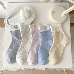 Muhui Casual Solid Color Knitted Cotton Crew Length Spring Summer Bright Color Soft Comfortable Women Sock