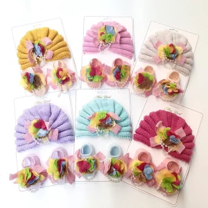 Multiple Colors Flower Toddler Anti Slip Socks 0-12 Months Newborn Baby Hat and Socks Set