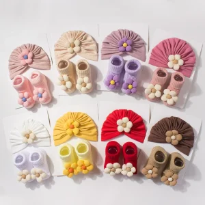 New Arrival Baby Hat and Sock Set for 0 3 Year Olds Cute Floral Autumn Winter Warm Baby Outfit Children’s Hat and Sock Set