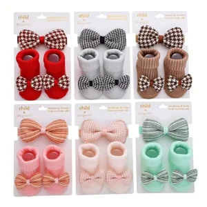 New Autumn Winter Cartoon Floor Anti skid Children Socks Cute Striped Do Headband with Big Bow Cute Striped Newborn Baby Socks
