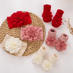 New Baby Headband & Non-Slip Socks Set Newborn 100 Days Gift & Fontanel Protection Headband
