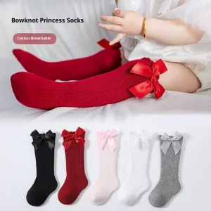 New Children’s Crew Socks Knitted Striped Tube Bow Stockings Bubble Mouth Loose Baby Socks Spring Autumn