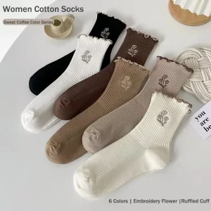New Coffee Ruffle Women Crew Socks Vintage Embroidery Flower Japanese Slouch Socks Women Autumn Frilled Socks