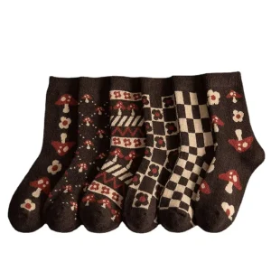 New Design Winter Coffee Color Retro Mushroom Thick Wool Women’s Socks