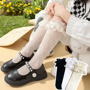 New Girls’ Princess Socks for Children Summer Thin White Spandex Polyester Sweat-Absorbent Casual Crew Lace Socks