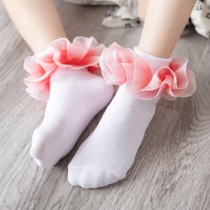 New Rainbow Color Princess Children’s Comfortable Cotton Lace Flanged Knitted High Ankle Socks Summer Anti Bacterial Breathable