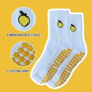 New Style Cotton Grippy Breathable Women Embroidered Yoga Gym Custom Logo Anti Slip Non Slip Cute Grip Pilates Socks With Ribbon