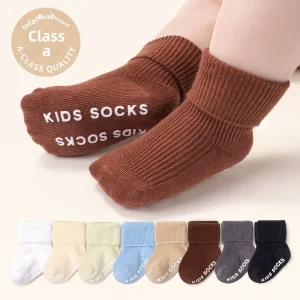 New Style Thick Jacquard Spandex Cotton Cute Children’s Crew Socks Solid Color Glued Soles Non Slip Grip Toddler Socks