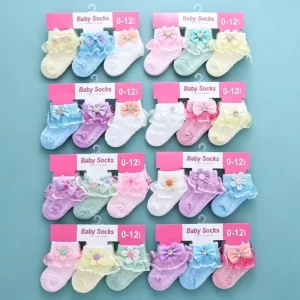 Newborn 0-12 Months Baby Girl Socks Bowknot Lace Trim Cotton Crew Socks 3 Pairs Set Dress Matching Daily Wear