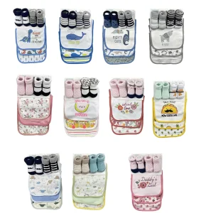 Newborn Baby Feeding Supplies Girl Boy Bibs 3pcs and Infant Crawling Socks 2 Pairs Set
