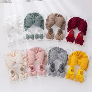 Newborn Baby Hat Socks Set Solid Color Bow Baby Girls Socks Cotton Baby Ankle Socks