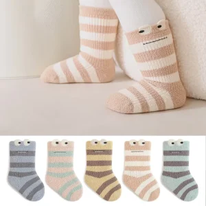 Newborn Baby Socks Winter Thick Velvet Knitted Casual Soft Anti Slip Crew Striped Cute Cartoon Baby Socks for Boys and Girls