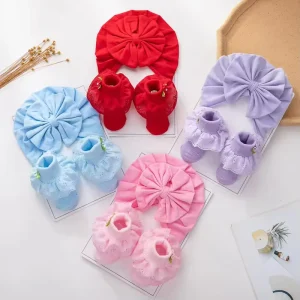 Newborn Beanie Bow Turban and Anti-Bacterial Cotton Knitted Crew Socks for Spring