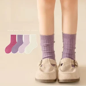 Newest Japanese Solid Color Children’s Socks Double Needle Kids Knit Wool Socks