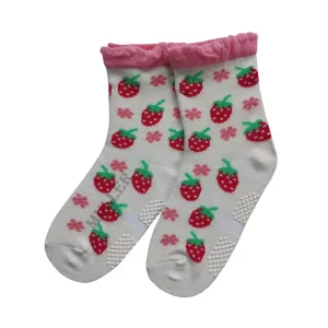 Non Slip Baby Socks with Strawberries Anti Skid Toddler Crew Socks Cute Ruffle and Top Grips for Girls or Boys