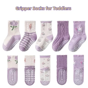 Non Slip Breathable Cotton Woven Ankle Socks Toddlers Infants Kids Big Kids Cute Unisex Anti Slip Grip 5 Pairs Per Set