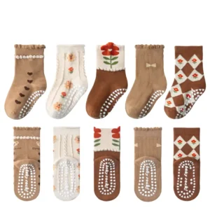 Non Slip Breathable Cotton Woven Ankle Socks for Toddlers and Kids Cute Unisex Casual Seamless 5 Pairs Per Set