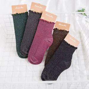 OEM CE New Velvet Japanese Style Ruffled Trim Gold and Silver Thread Women’s Mid calf Socks