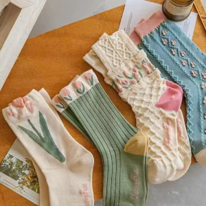 OEM Calcetines De MUJER CE Certificate Spring Tulip Floral Graphic Breathable Knitted Women Socks