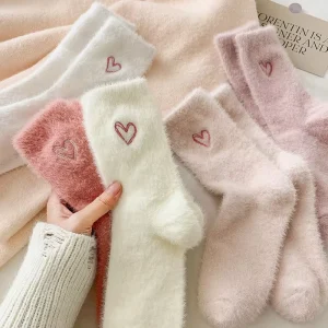 OEM Cozy Hairy Mink Velvet Socks Embroidery Logo Women Winter Hosiery Thicken Warm Sleep Bed Floor Love Design Fluffy Sock