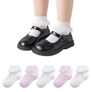OEM Custom Girls White Ruffle Lace Ankle Socks Cotton Princess Lolita Frilly School Socks for Toddler Kids