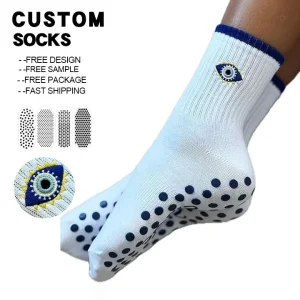 OEM Custom Knitted Pilates Women’s Cotton Socks Non Slip Grip Embroidered Evil Eye Logo Anti Slip Yoga Pilates Socks