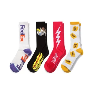 OEM Custom Logo Men’s Socks White Black Jacquard Cotton Crew Unisex Casual Anti Bacterial Logo on Body Free Design Mock Up