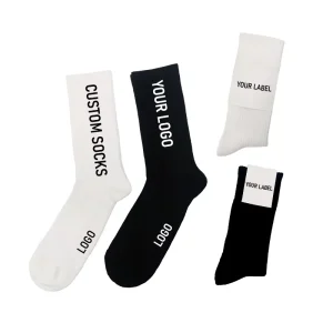 OEM Custom Logo Men’s Socks White Black Jacquard Cotton Crew Unisex Casual Anti-Bacterial Logo on Body Free Design & Mock-Up