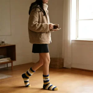 OEM Embroidered Warm Socks Winter Coral Fleece Socks Striped Design Fluffy Comfortable Non Slip Home Floor Socks