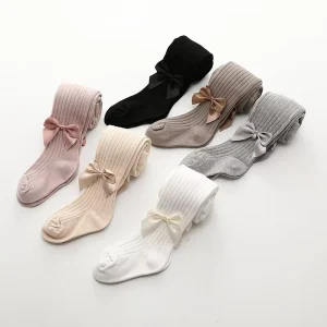 OEM Korean Style Children’s Leggings Vertical Stripes Fashional Baby Cotton Socks Bow Thickened Socks Girls Tights