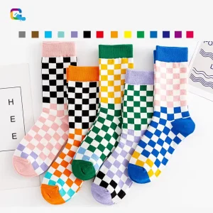 OEM Mid Length men’s Ins Fashion CREW Sports Socks Customized Logo Winter Checkerboard Designed Woven Anti Bacterial