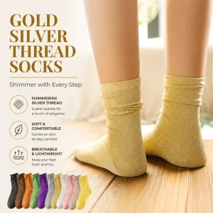 OEM ODM Gold Silver Thread Crew Soft Breathable Lightweight Casual Elegant Glitter Socks for Daily Wear