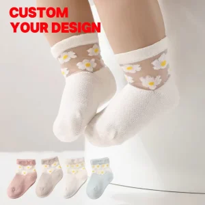 OEM Spring Summer Thin Crew Cut Mesh with Breathable Butterfly Pattern Crystal Flower Design Girls Children’s Socks