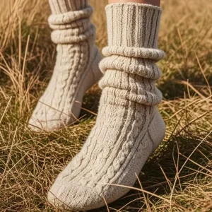 OEM Women’s Crew Length Wool Socks with Hemp Pattern Cashmere Cuff Spring Autumn Winter Knitted Socks with Custom Logo