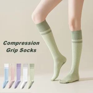 Oem Socks Stripe Knee High Breathable Anti Slip Sports Grip Socks Stocking Women Compression Socks for Yoga Pilates
