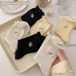On Stock Ins Style Embroidery Rolled Edge Medium Cotton Women Socks Four Seasons Universal Sweet Lace Pile Crew Socks