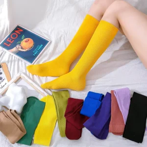 One Size Breathable Mid Calf Cotton Knee High Socks Green and Gold School Girls Logo Customizable