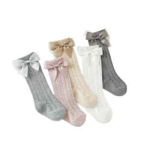 Organic Cotton Girl’s Dress Socks Mid Tube Bow Princess Design Thin Mesh Loop Moving Breathable Knitted Baby Socks for Summer