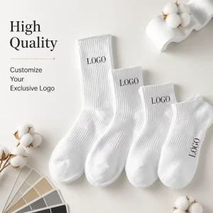 Organic Cotton Men’s Athletic Cushioned Breathable White Crew Knit Embroidered Logo Custom OEM Men Sports Socks