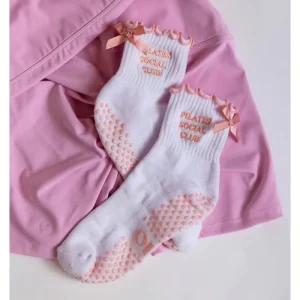 Organic Custom logo Ribbon Pilates Socks Anti Slip Personalized Ruffles Pilates Socks with Embroidery logo