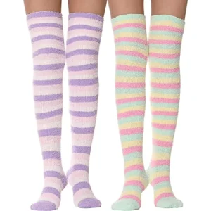 Over Knee High Long Striped Stocking Fluffy Cozy Slipper Fleece Gift Socks Womens Thigh High Fuzzy Socks