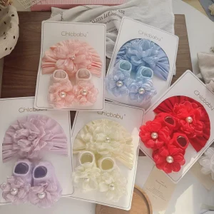 Pearl Flower Newborn Baby Hat Socks Set Baby Girls Socks Cotton Baby Ankle Socks