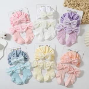 Pearl Hollow Out Breathable Baby Head Scarf New Infant Lace Bow Pullover Hat Socks Matching Set