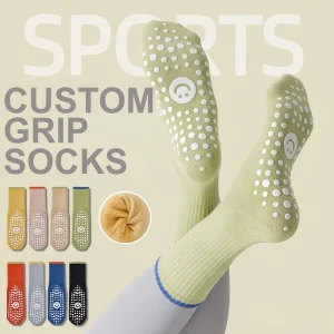 Performance Grip Thick Crew Socks Solid Knitted Anti-Slip Logo Yoga Socks Organic Cotton for Gym