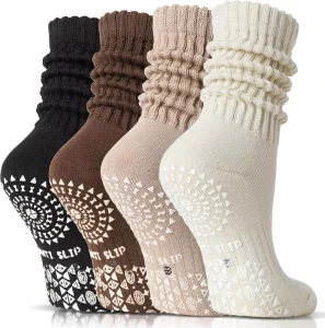 Pilates Slouch Socks with Grips Non Slip Yoga Winter Warm Cozy Scrunch Boot Crew Slipper 85% Cotton 4 Pairs Women