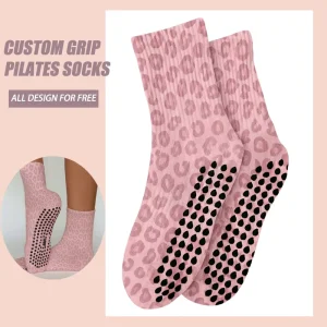 Pink Leopard Grip Socks Custom Print Your Pattern Jacquard Embroidery Yoga Pilates Socks