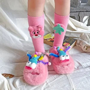Pink Strawberry Bear Crew Fruit Pattern Children’s Socks Spring Summer Girls White Cotton Stacking Socks