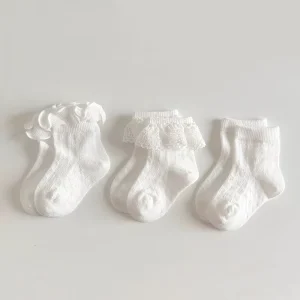 Plain Elegant Lace Welt White Flower Bow Lovely Cute Cotton Breathable Comfortable Girl Baby Socks