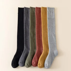 Plain Long Knee High Thick Cushion Knitted Terry Cotton Women’s Socks Warm Winter Solid Daily Casual